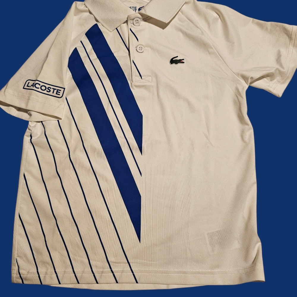 Lacoste Novak Djokovik Performance Polo Shirt Tennis White Blue Boy's Size 6 EUC - Picture 3 of 8